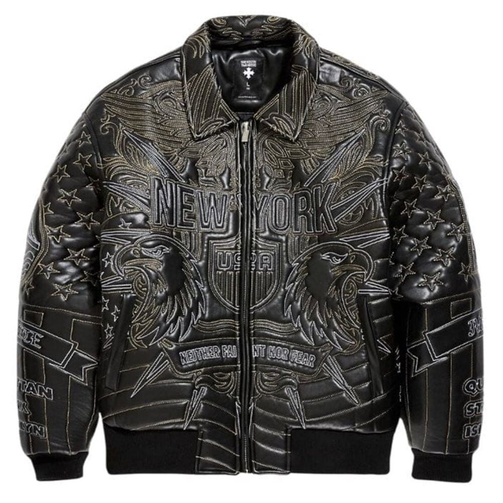 See You In Paradise NYC Embroidery Leather Men's Jacket Black 91682-Black