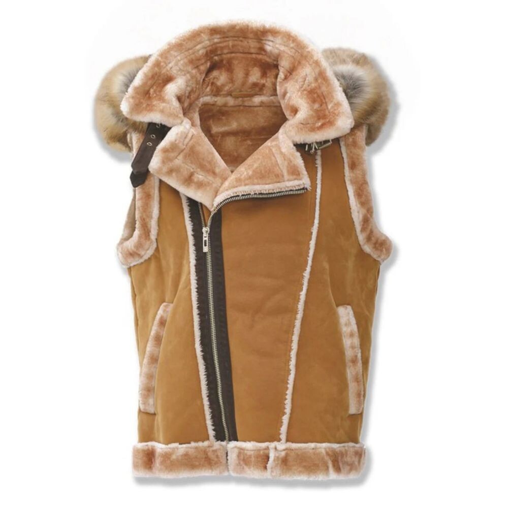 Jordan Craig El Jefe Shearling Men's Hooded Moto Vest Cognac 9373v-c