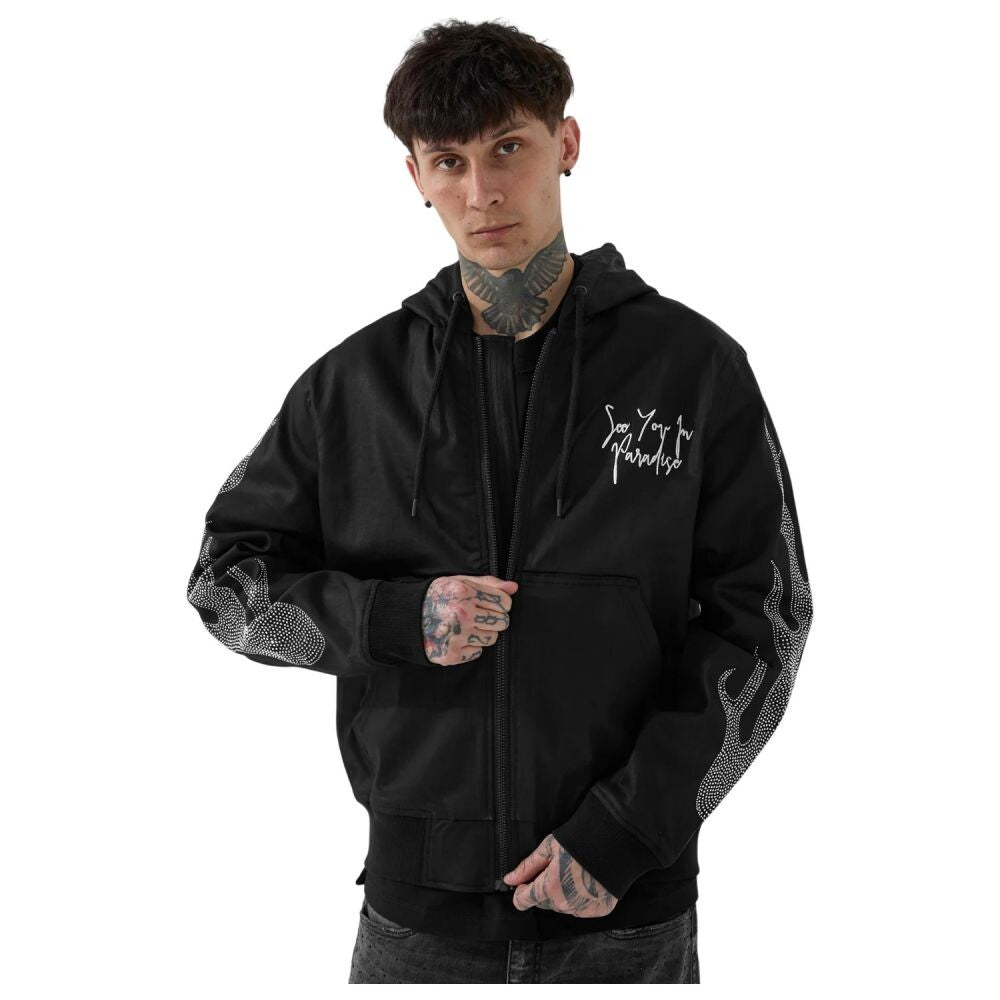 See You In Paradise Flame Rhinestones Hooded Men's Jacket Black 91669a-black