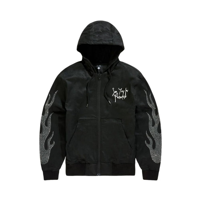See You In Paradise Flame Rhinestones Hooded Men's Jacket Black 91669a-black