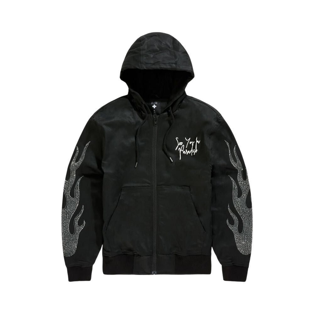 See You In Paradise Flame Rhinestones Hooded Men's Jacket Black 91669a-black