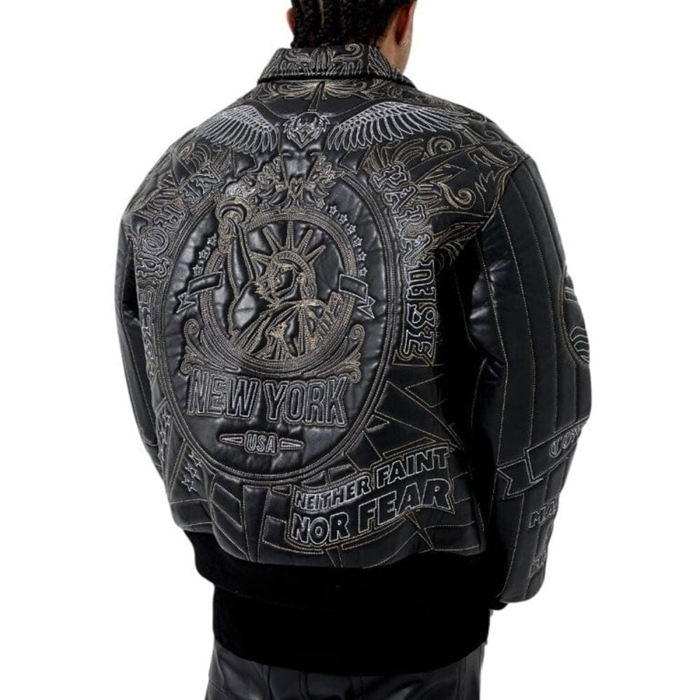See You In Paradise NYC Embroidery Leather Men's Jacket Black 91682-Black