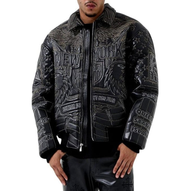 See You In Paradise NYC Embroidery Leather Men's Jacket Black 91682-Black