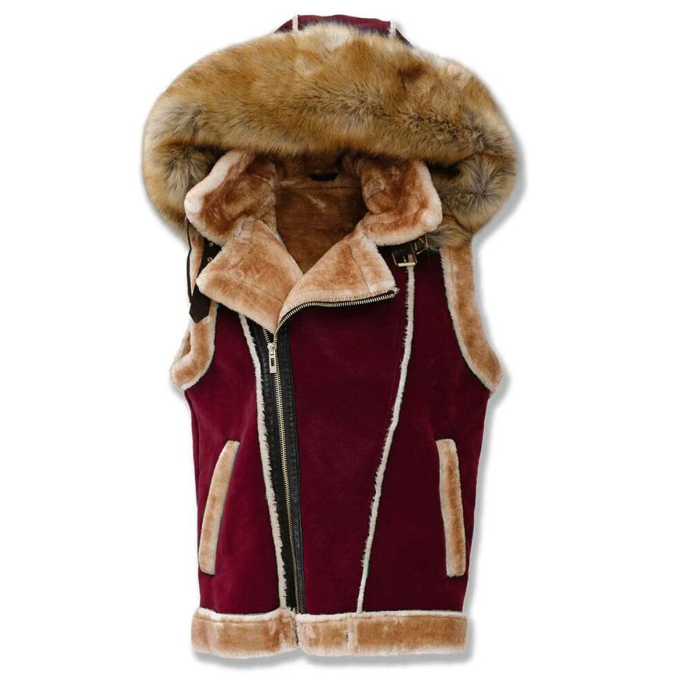 Jordan Craig El Jefe Shearling Men's Hooded Moto Vest Burgundy 9373v-bg