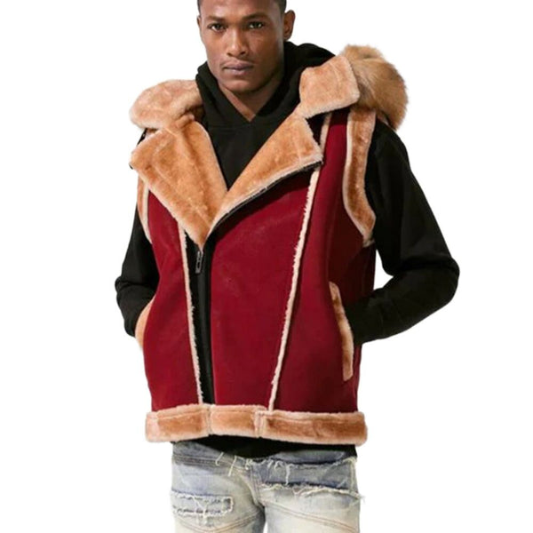Jordan Craig El Jefe Shearling Men's Hooded Moto Vest Burgundy 9373v-bg