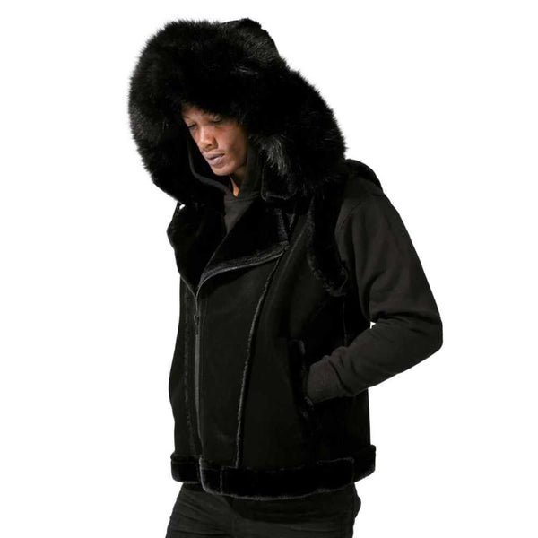 Jordan Craig El Jefe Shearling Men's Hooded Moto Vest Black 9373v-b