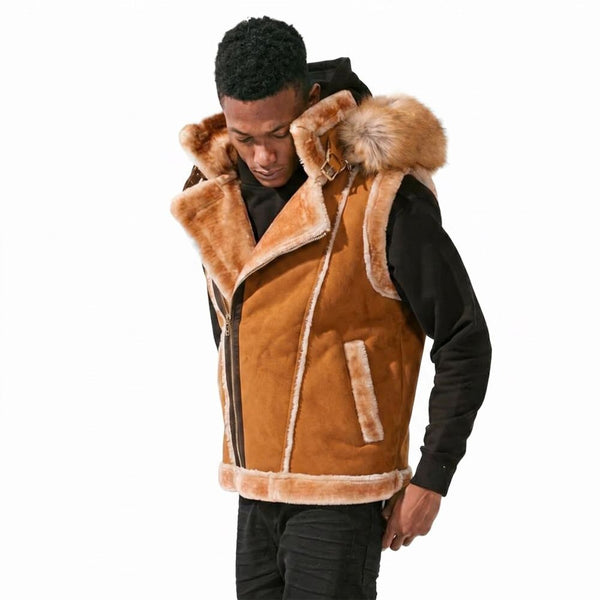 Jordan Craig El Jefe Shearling Men's Hooded Moto Vest Cognac 9373v-c