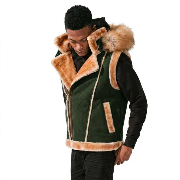 Jordan Craig El Jefe Shearling Mens Hooded Moto Vest Olive Green 9373v-o
