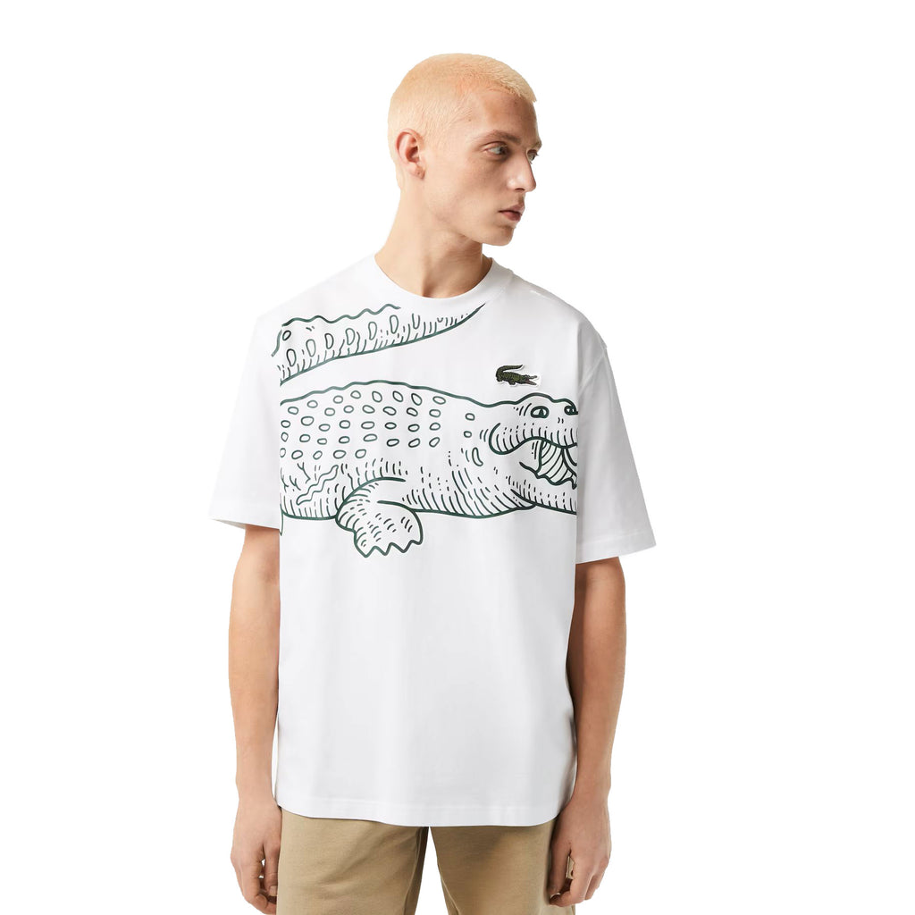 Lacoste Round Neck Loose Fit Crocodile Print Men's T-shirt White