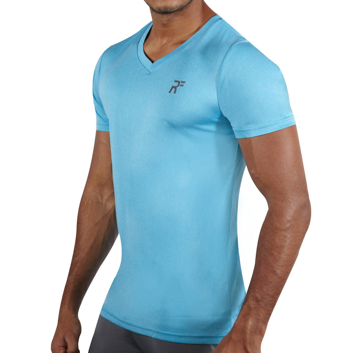 RunFlyte Men's DryFlyte Basix Moisture Wicking V-Neck T-Shirt Aqua Blue Heather