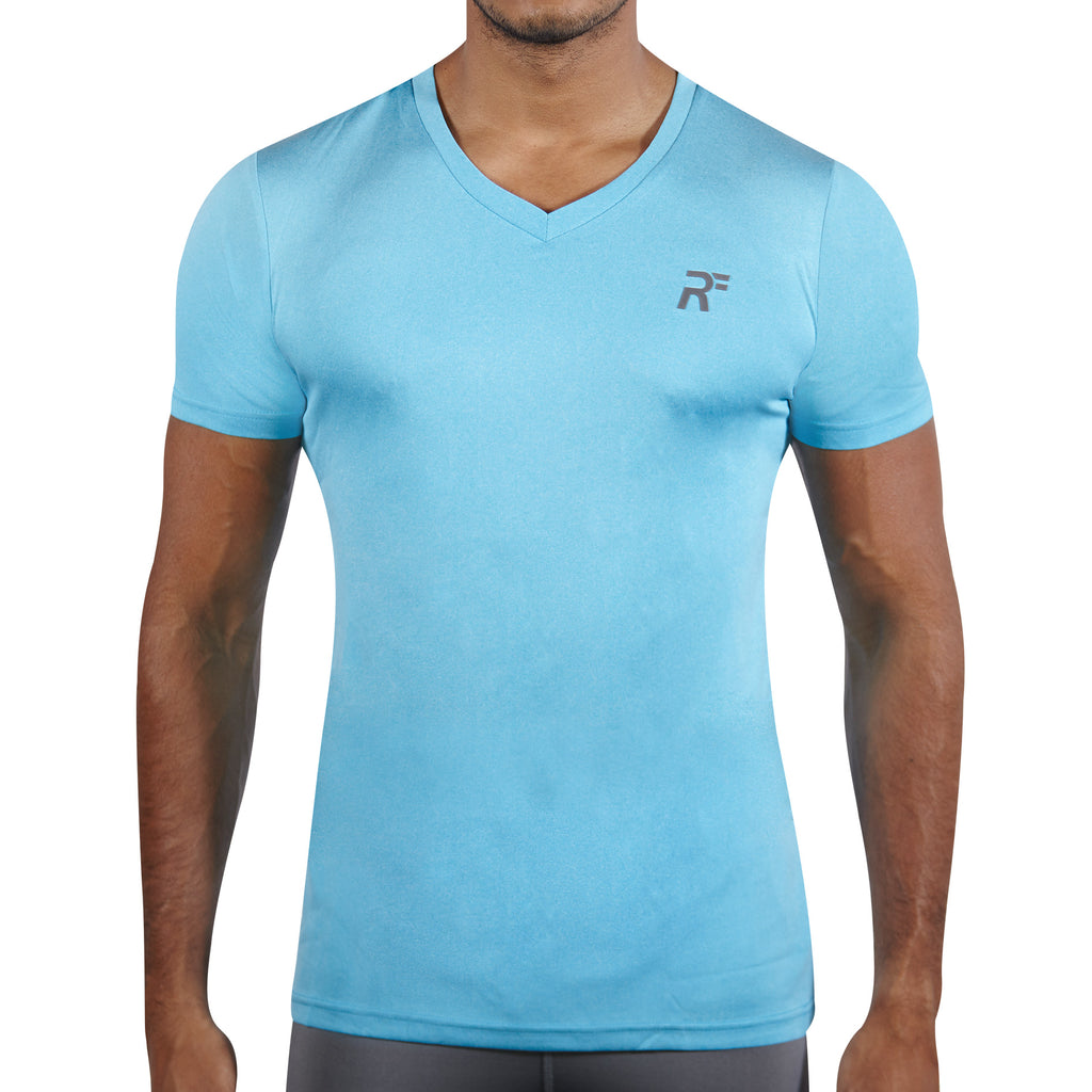 RunFlyte Men's DryFlyte Basix Moisture Wicking V-Neck T-Shirt Aqua Blue Heather