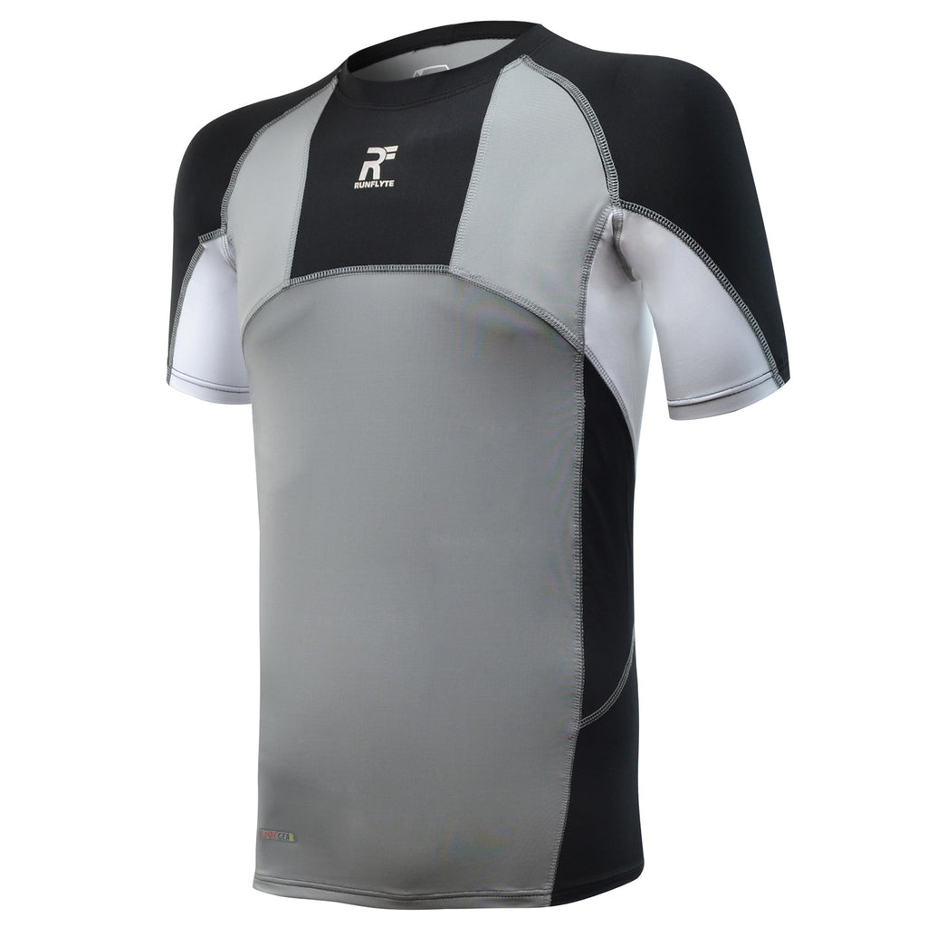 RunFlyte Men's Contour Panel Compression Short Sleeve T-Shirt - Moisture Wicking Black/Grey/White