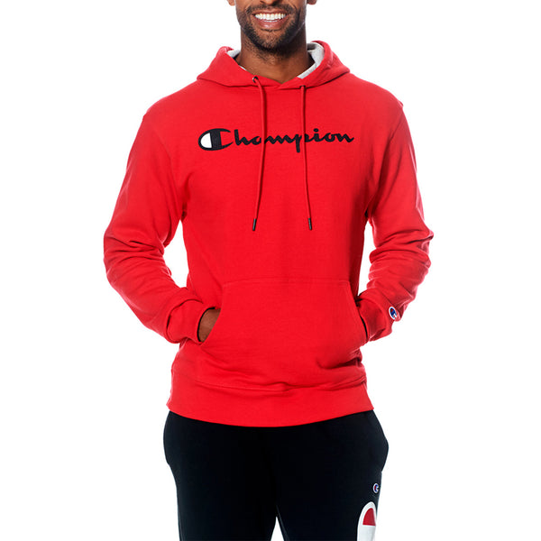 Champion Men's Powerblend Fleece Pullover Hoodie Script Logo Red/Black gf89h-y067942wc (Size S)